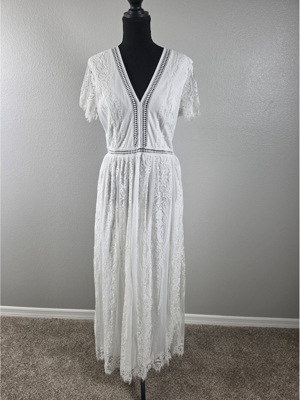 Womens White Lace Short Sleeve V-Neck Casual Dress Size XL